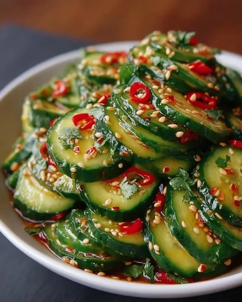 Asiatischer Gurkensalat mit Chili und Sesam auf einem Teller