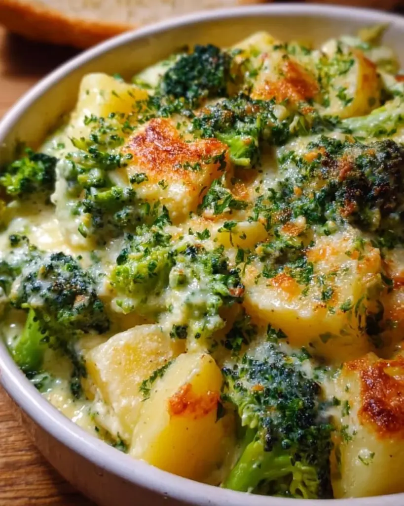 Cremige Brokkoli-Kartoffeln auf einem Teller serviert