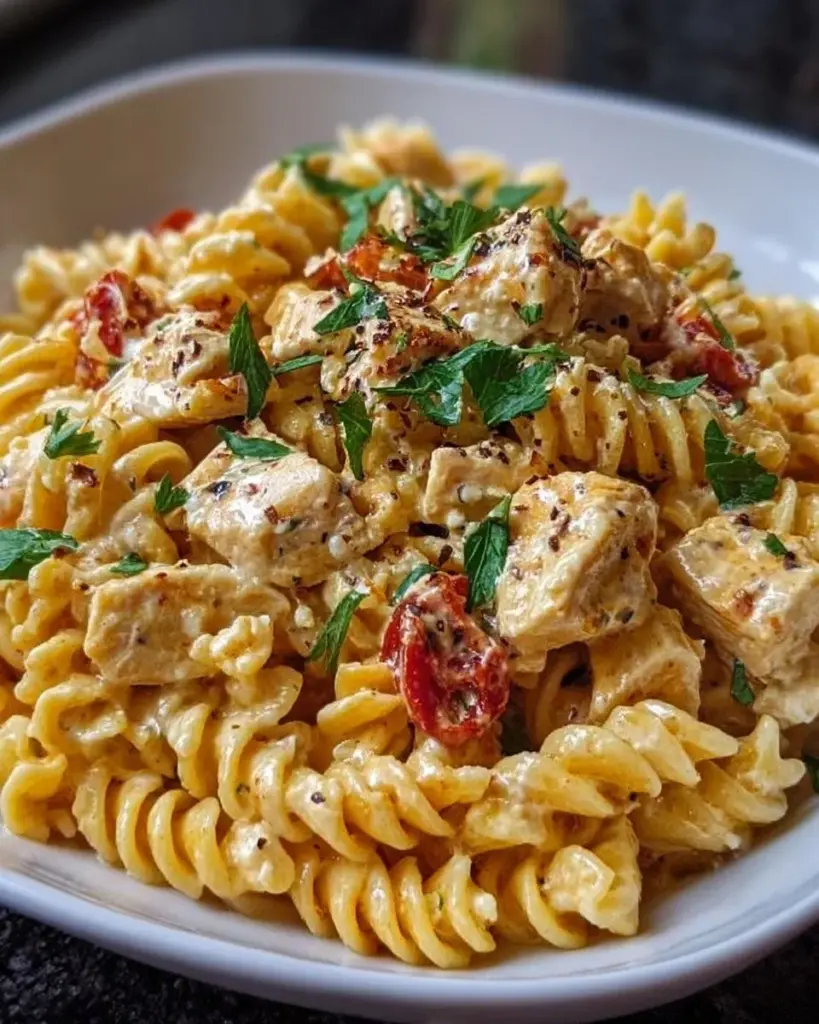 Cremige Hähnchen-Feta-Pasta serviert in einer Schüssel