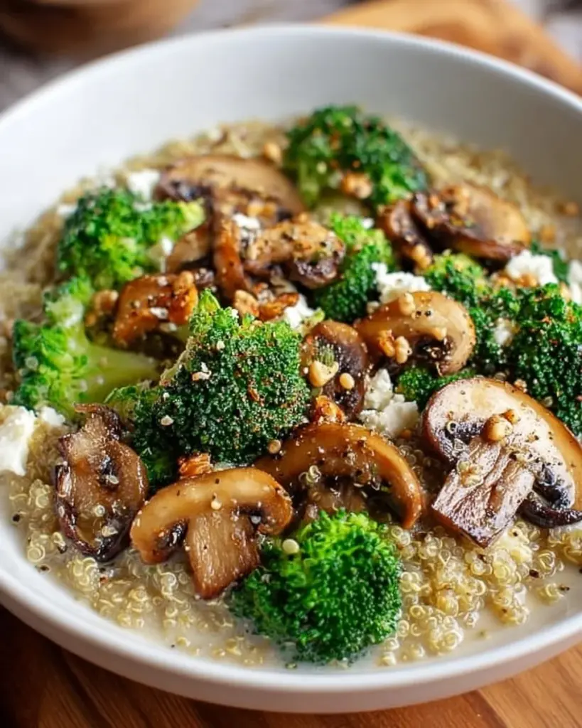 Cremige Quinoa Pfanne mit Brokkoli und Champignons auf einem Teller serviert