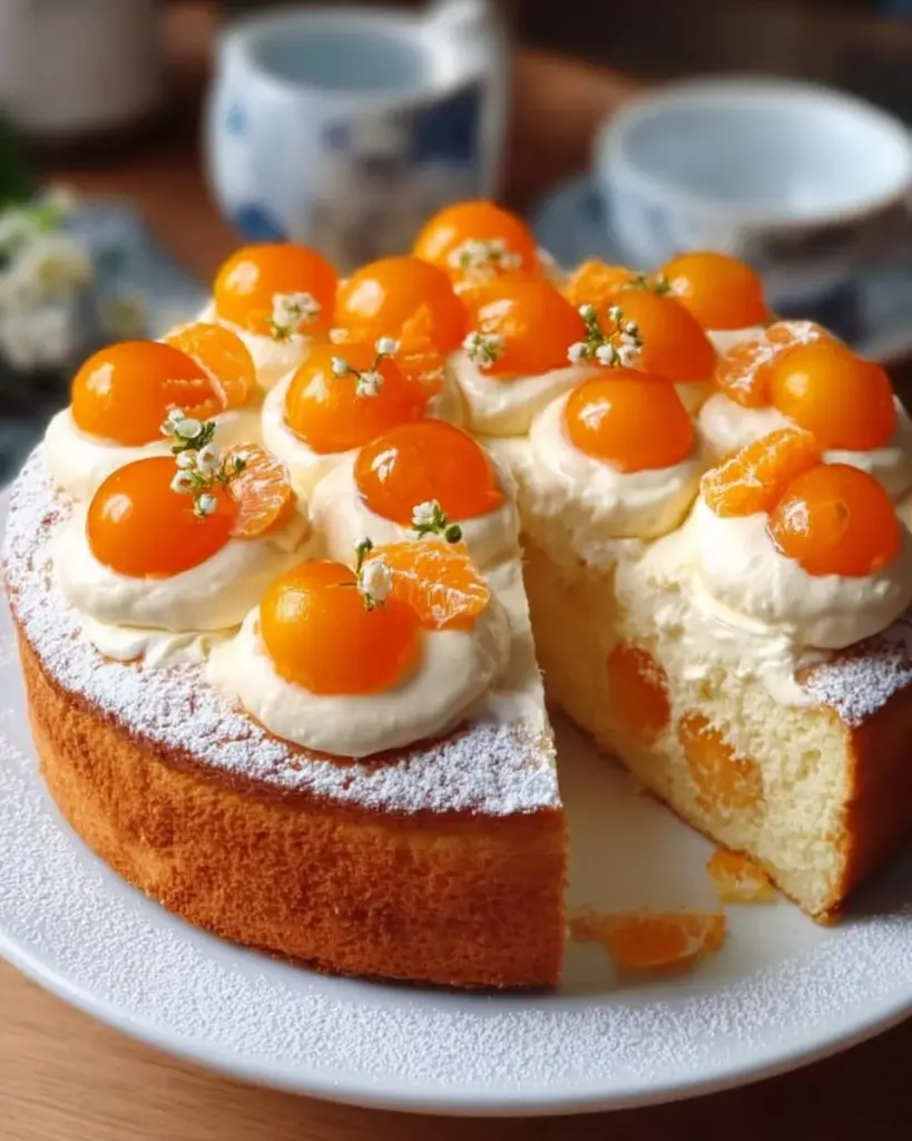 Fantakuchen mit Paradiescreme und Mandarinen auf einem Teller serviert