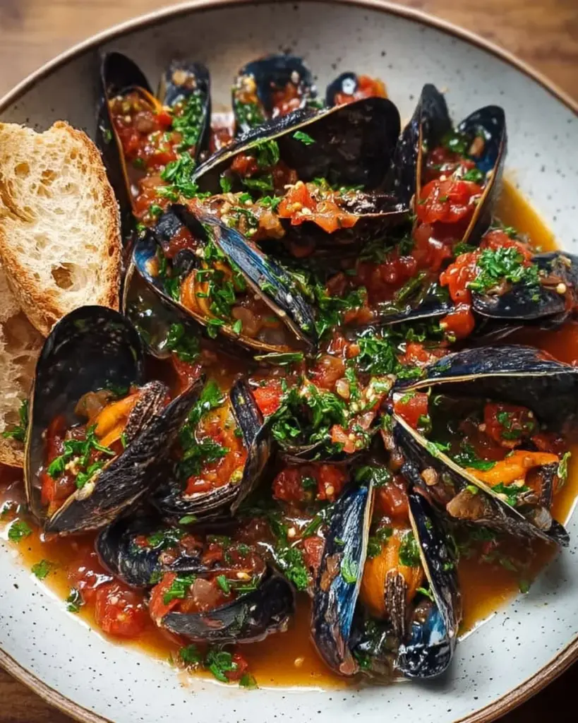 Frische Miesmuscheln serviert in aromatischer Sauce