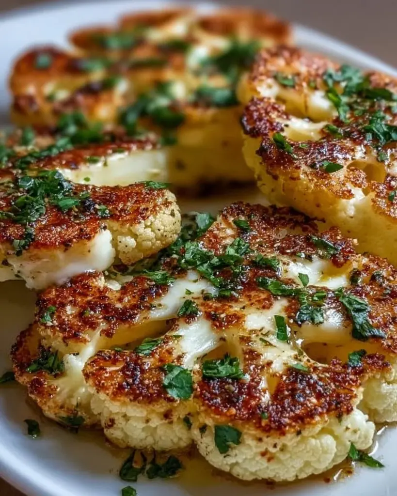 Gebackene Mozzarella-Blumenkohlsteaks auf einem Teller, serviert mit frischen Kräutern.