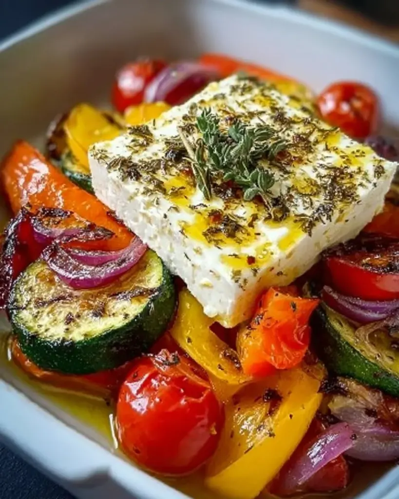 Gebackener Feta auf einem Bett aus mediterranem Gemüse