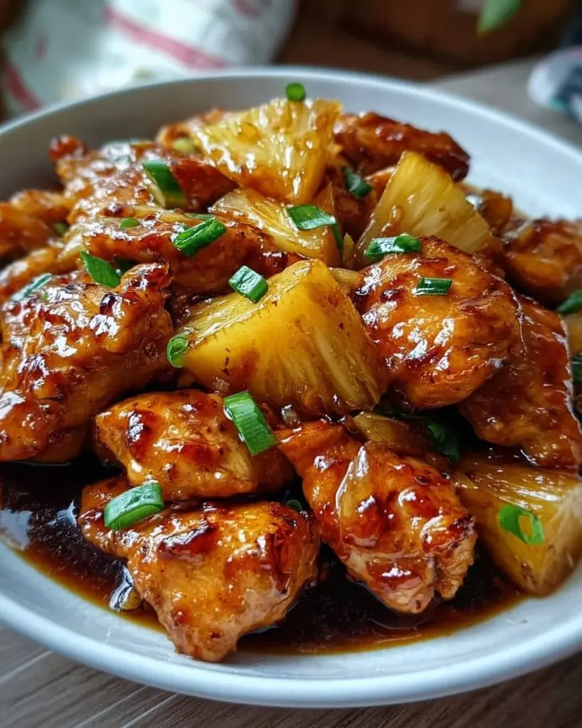 Hähnchen mit Ananas und aromatischer Sauce auf einem Teller serviert