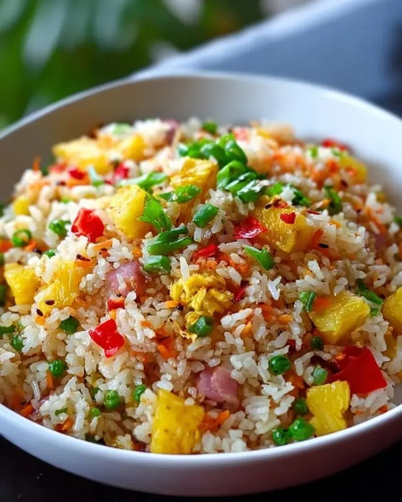 Hawaiianischer gebratener Reis mit frischen Zutaten und tropischen Aromen