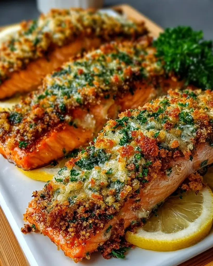 Herzhafter gebackener Lachs mit Knoblauch-Parmesan-Kruste auf einem Teller