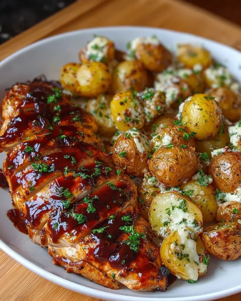 Honig-BBQ-Hähnchen mit Knoblauch-Parmesan-Kartoffeln auf einem Teller serviert.
