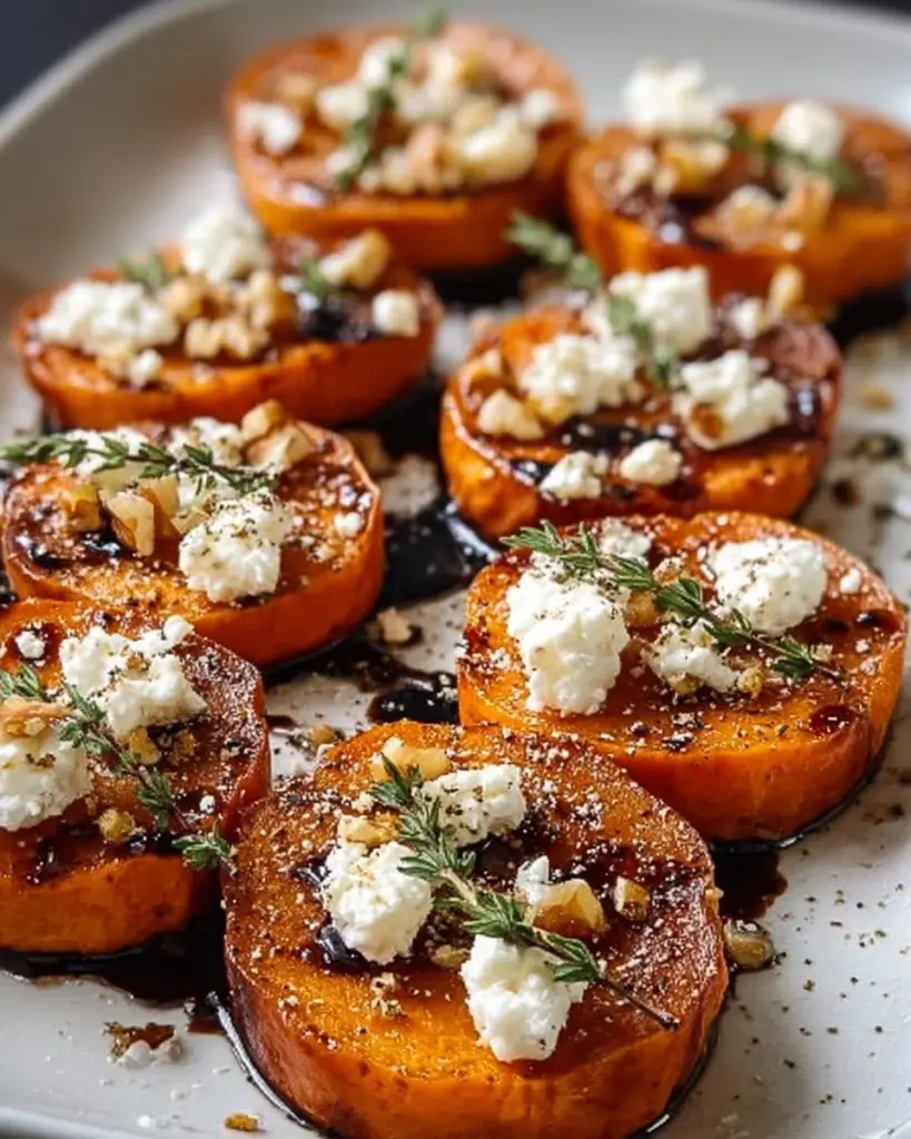 Honig Feta Süßkartoffel Runden auf einem Teller serviert
