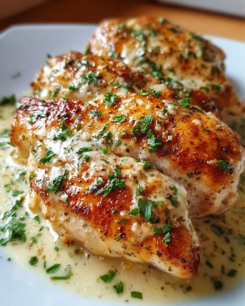 Hühnchen Parmesan in cremiger Frischkäse-Sauce serviert auf einem Teller.