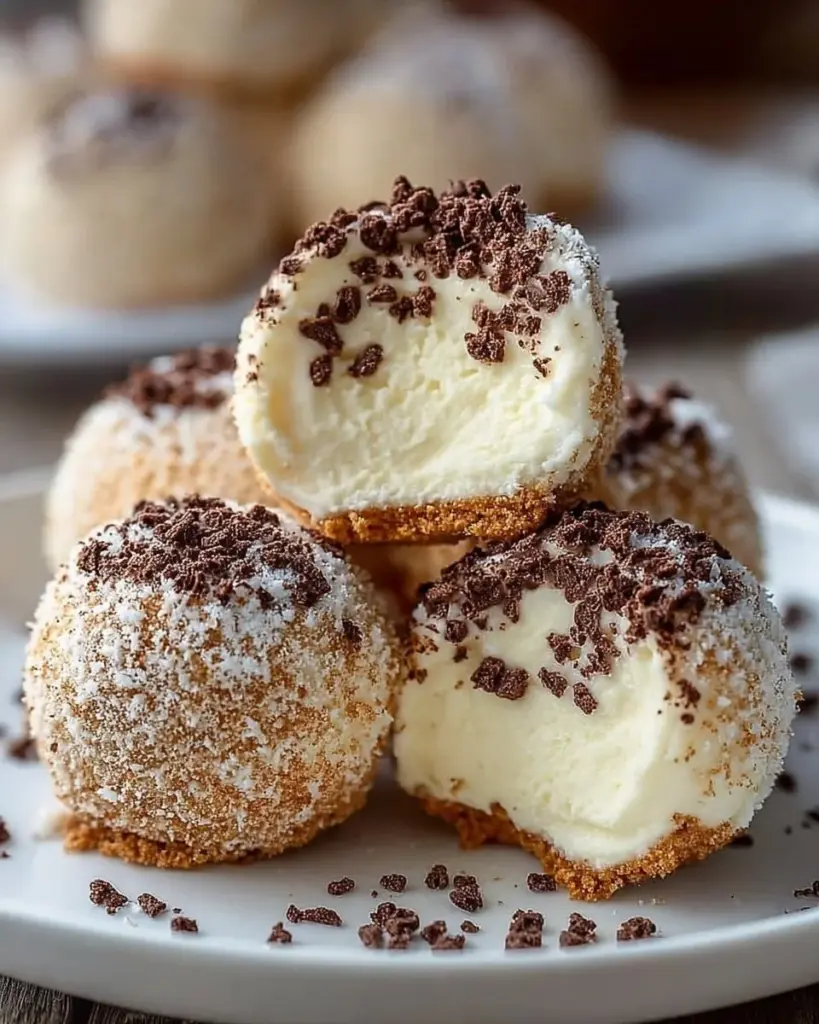 Leckere Käsekuchen-Kugeln auf einem weißen Teller, ideal für Naschkatzen.