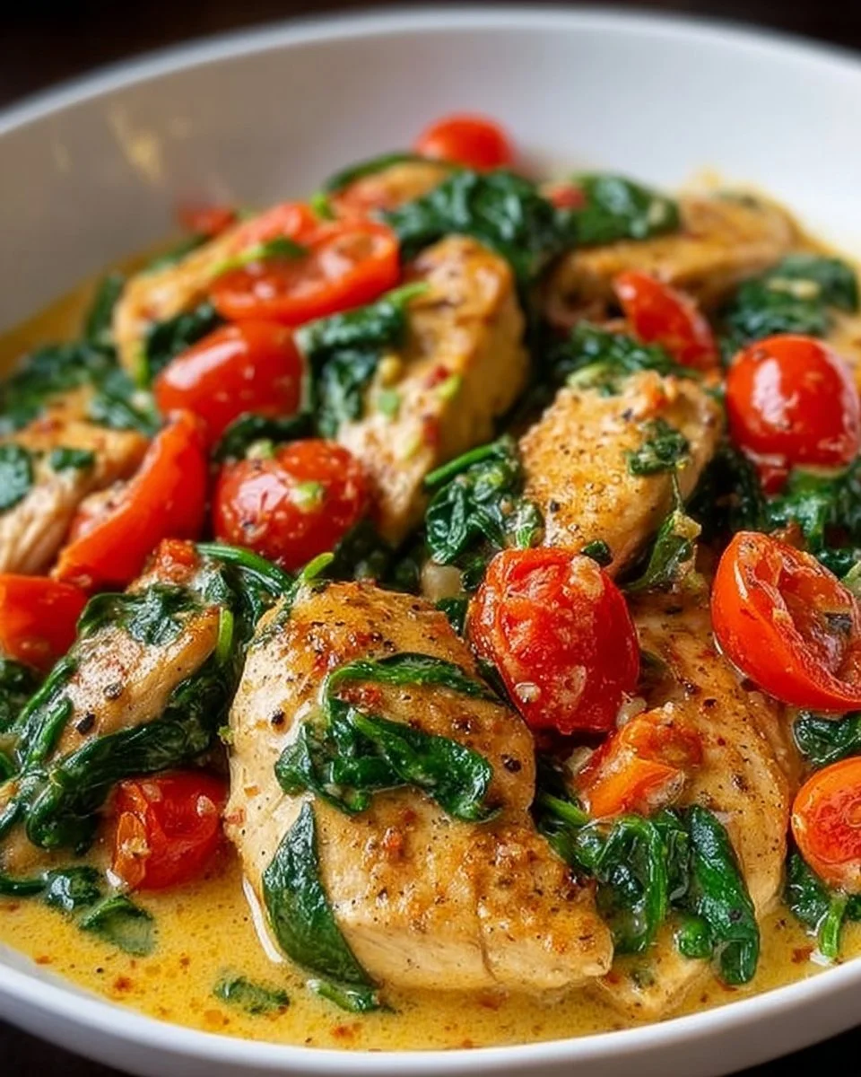 Keto Hähnchen-Spinat-Tomaten-Pfanne