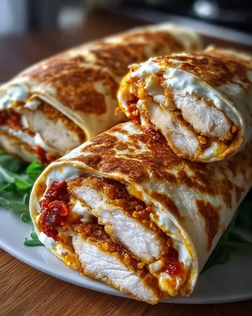 Knusprige Hähnchen-Mozzarella-Wraps aus dem Airfryer auf einem Teller