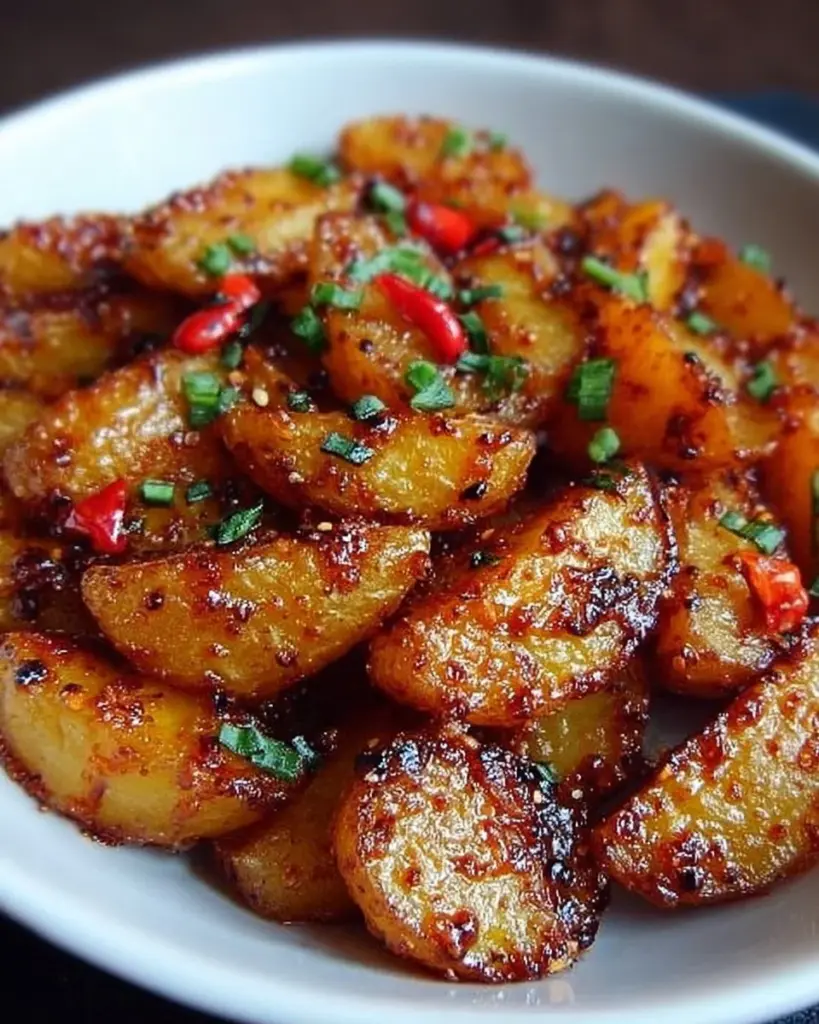 Knusprige Honig-Chili-Kartoffeln auf einem Teller garniert