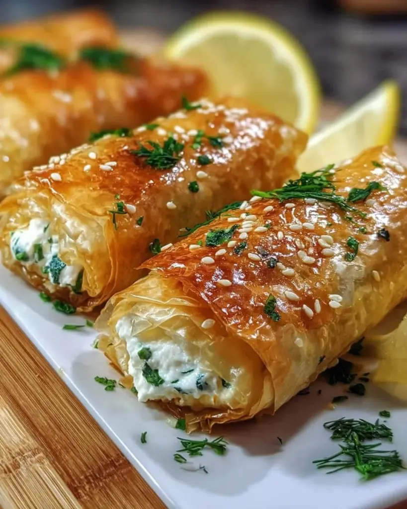 Knusprige Ofen-Feta-Röllchen frisch aus dem Ofen serviert.