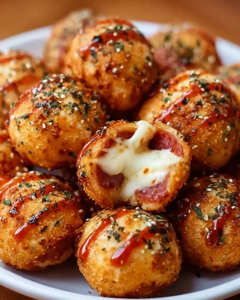 Köstliche Pizza Bällchen auf einem Teller serviert - eine einfache Snack-Idee.