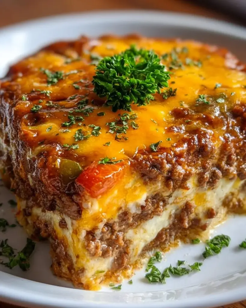 Leckeres Low Carb Cheeseburger Casserole auf einem Teller serviert