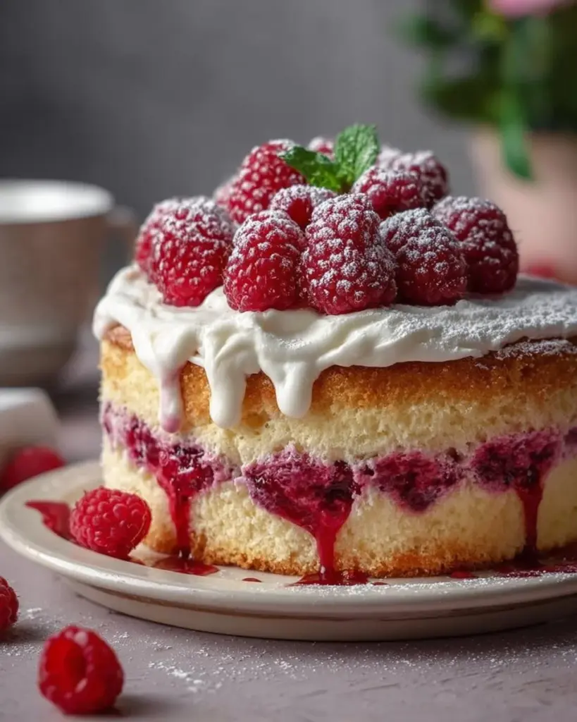 Luftige Joghurt-Torte mit Himbeeren auf einem weißen Teller