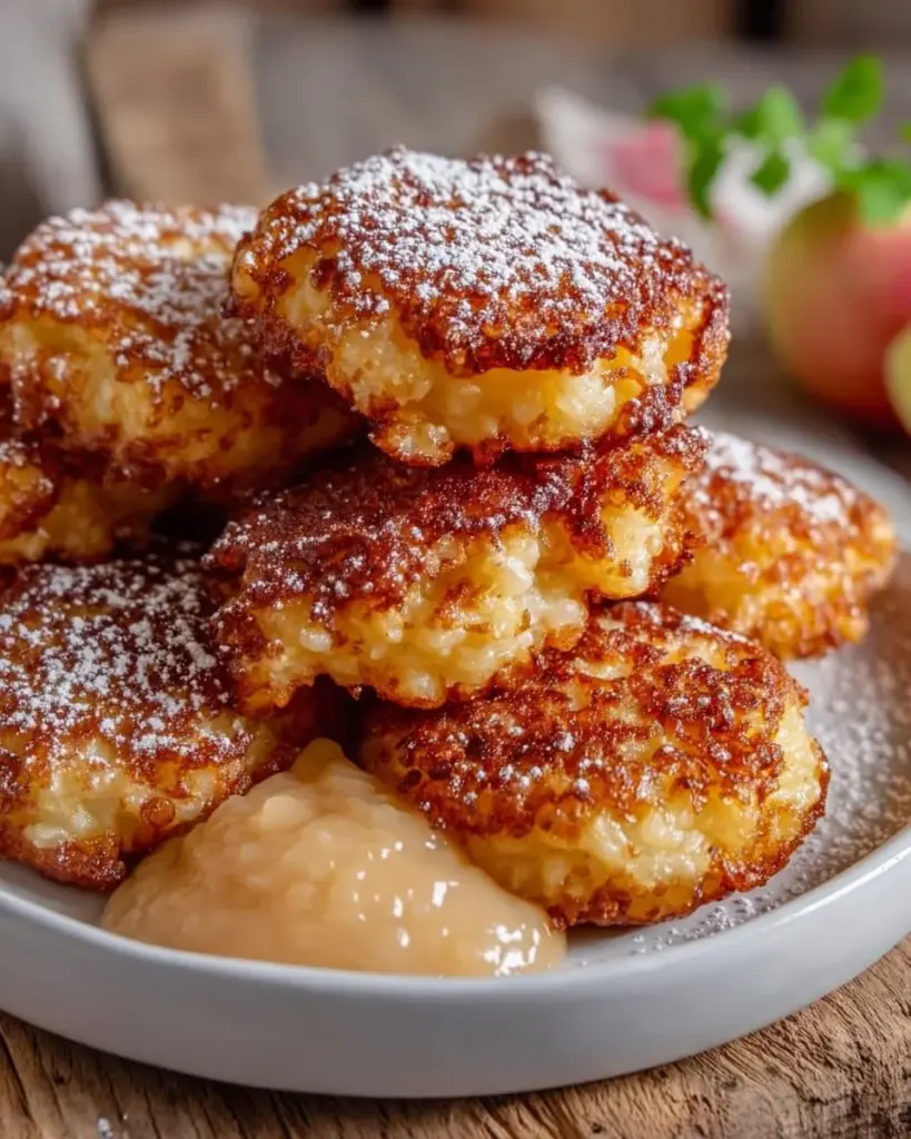 Leckere Milchreispuffer mit Apfel auf einem Teller serviert