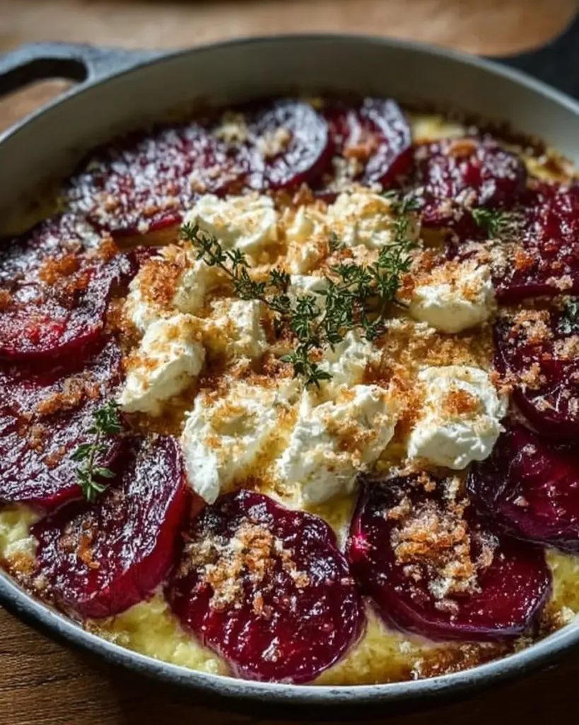 Rote-Bete-Gratin mit Ziegenkäse auf einem Teller angerichtet