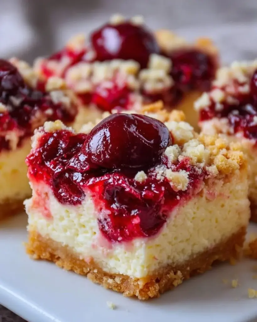 Saftige Käsekuchenriegel mit Kirschfüllung on a plate