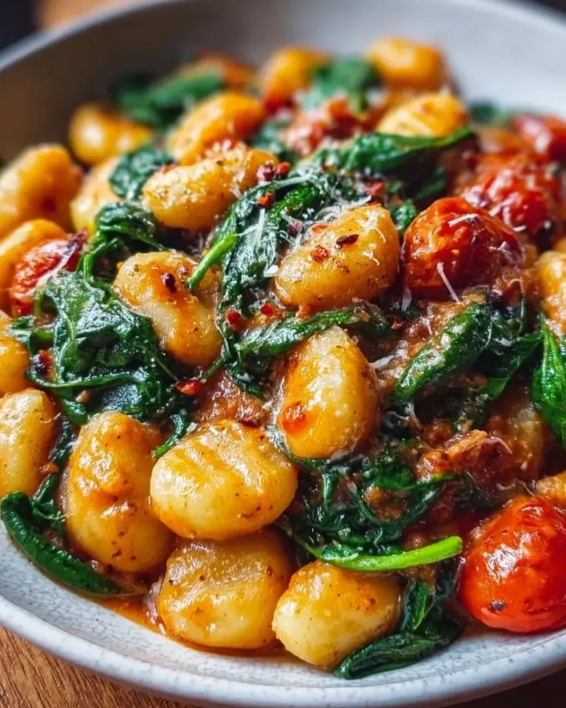 Schnelle Gnocchi-Pfanne mit Tomaten und Spinat in einer Pfanne angerichtet.