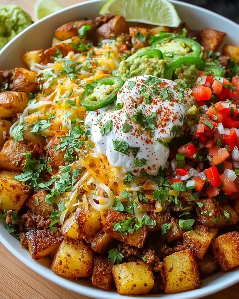 Leckere Kartoffel Taco Schüssel mit frischen Zutaten und Gewürzen