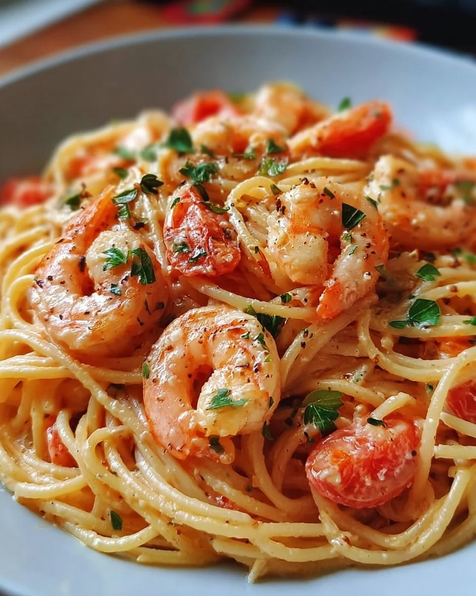 Spaghetti with shrimp in cream cheese sauce