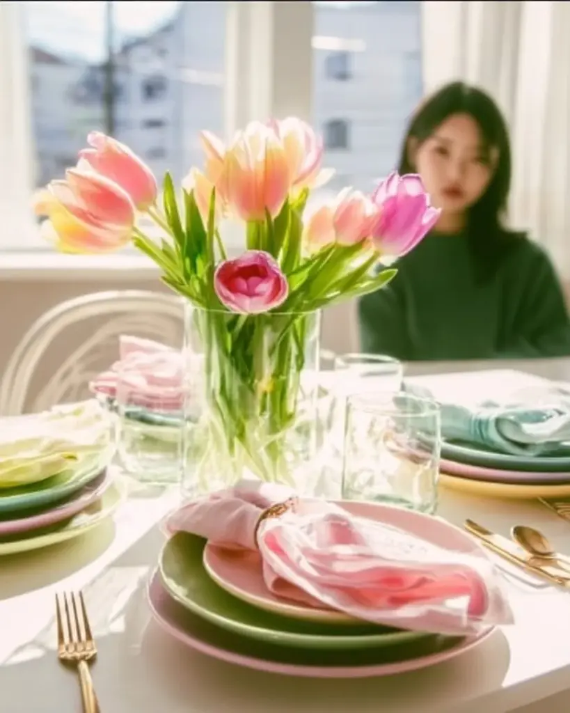 Frühlingsdeko Ideen für einen frischen Esstisch mit Blumen und Dekorationen