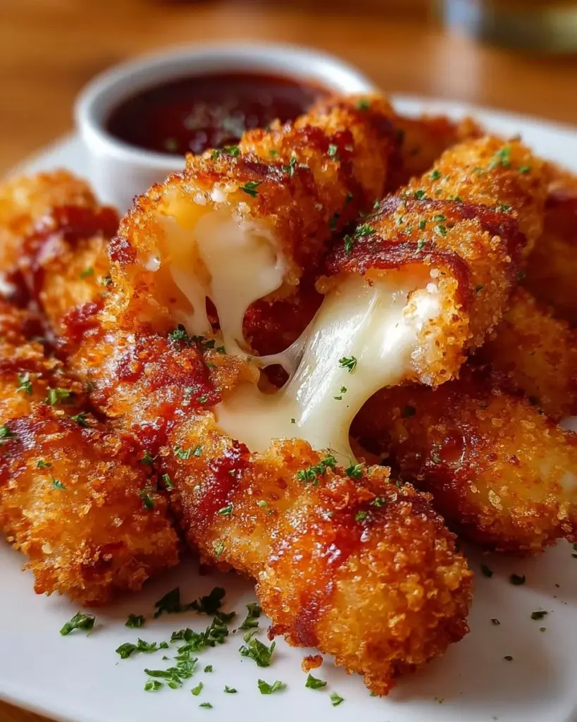 Leckere Bacon-Mozzarella-Sticks auf einem Teller serviert