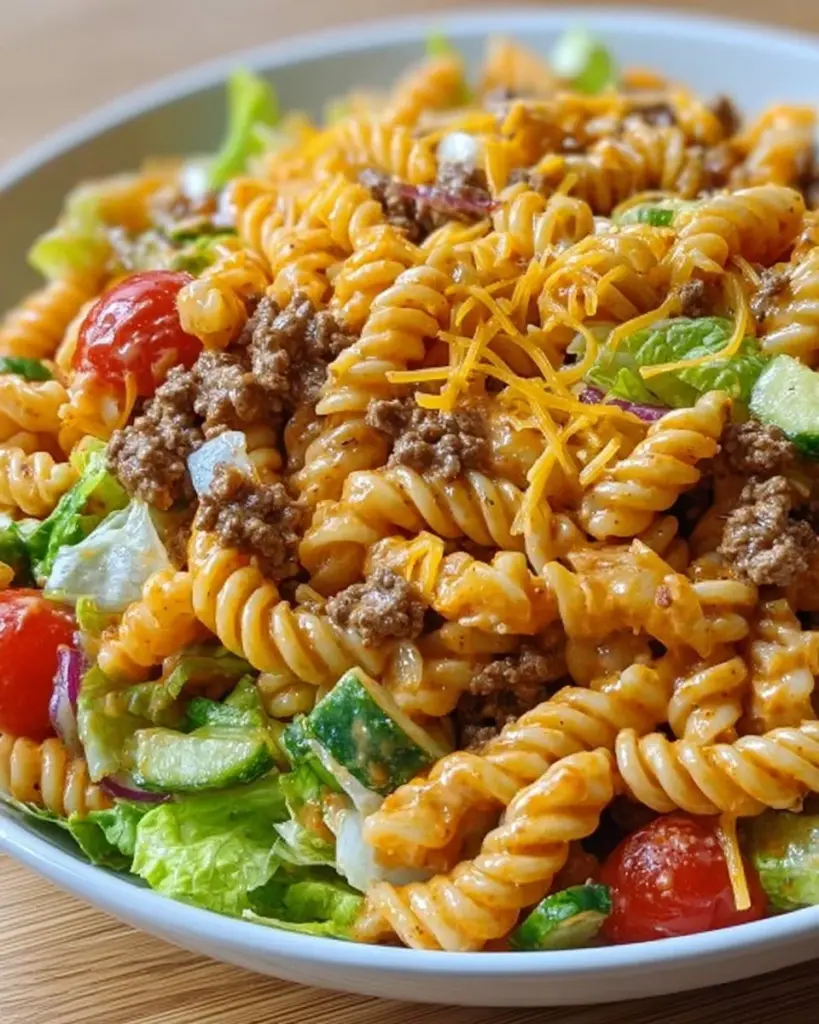 Leckerer Big Mac Pasta Salat mit frischen Zutaten und einzigartigem Geschmack