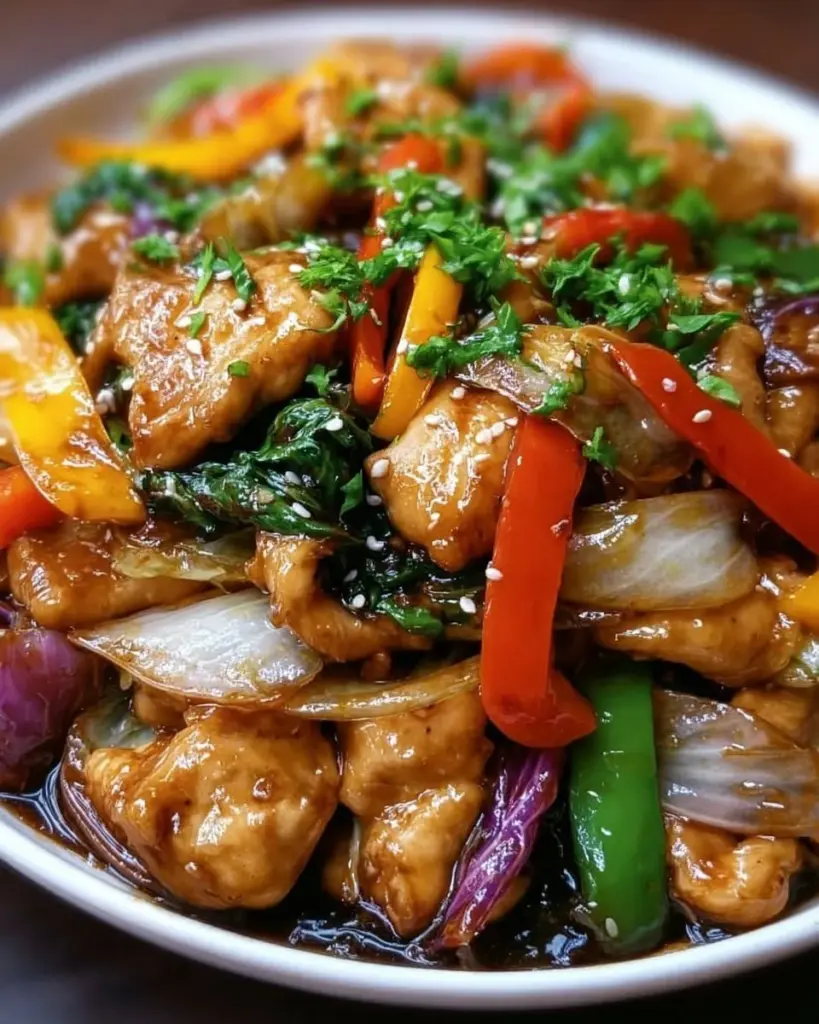 Chinesische Hähnchenpfanne mit Spitzkohl und Zwiebel auf einem Teller serviert.