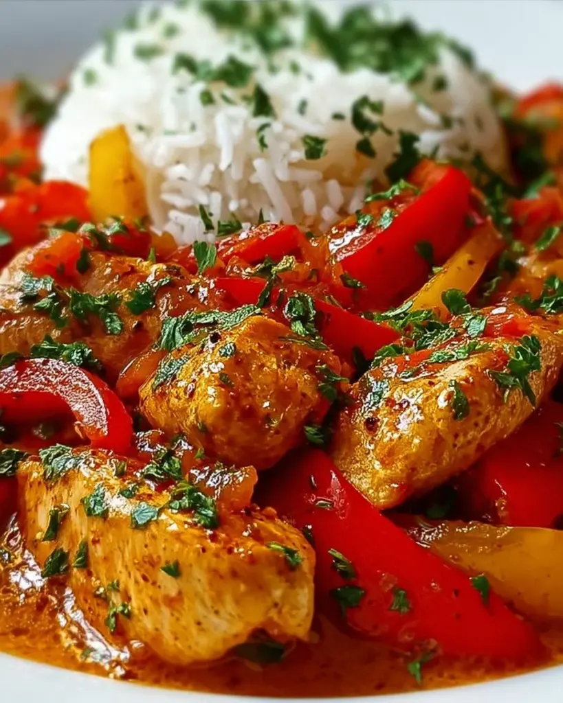Cremiges Paprika Sahne Hähnchen serviert mit Reis auf einem Teller