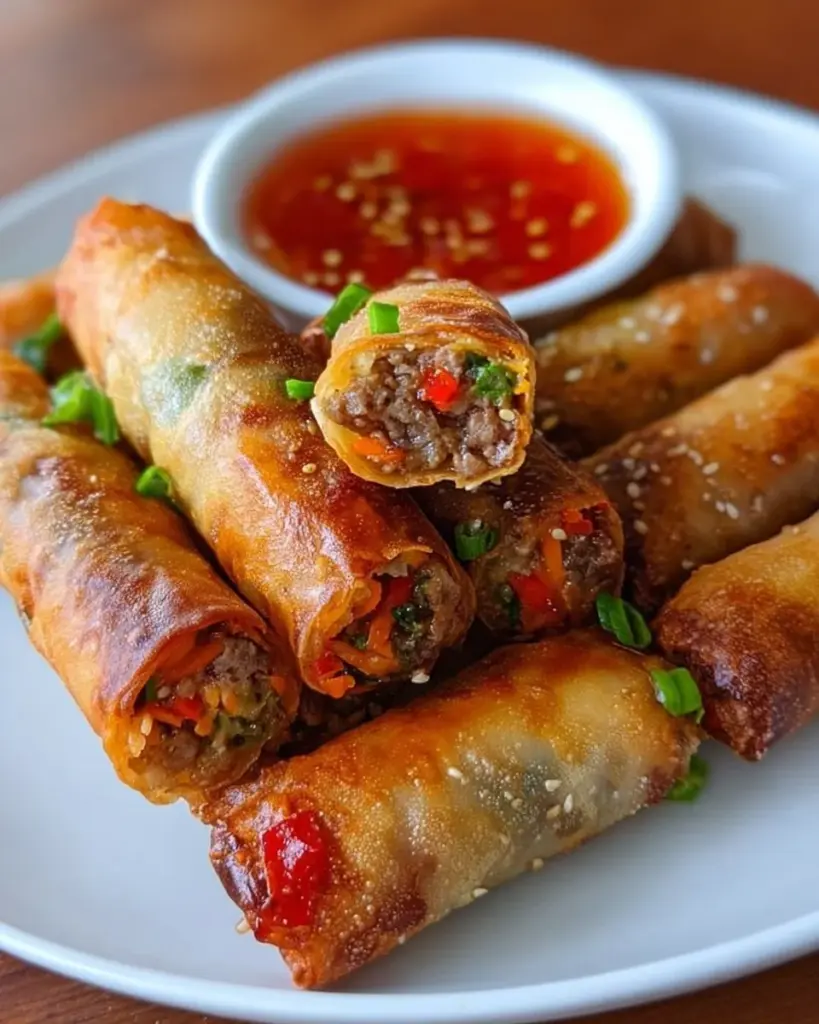 Crispy Frühlingsrollen aus der Heißluftfritteuse auf einem Teller serviert.