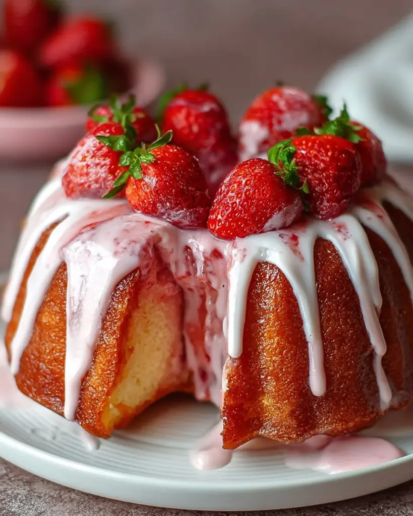 Erdbeermilchshake-Gugelhupf auf einem Teller, dekoriert mit frischen Erdbeeren.