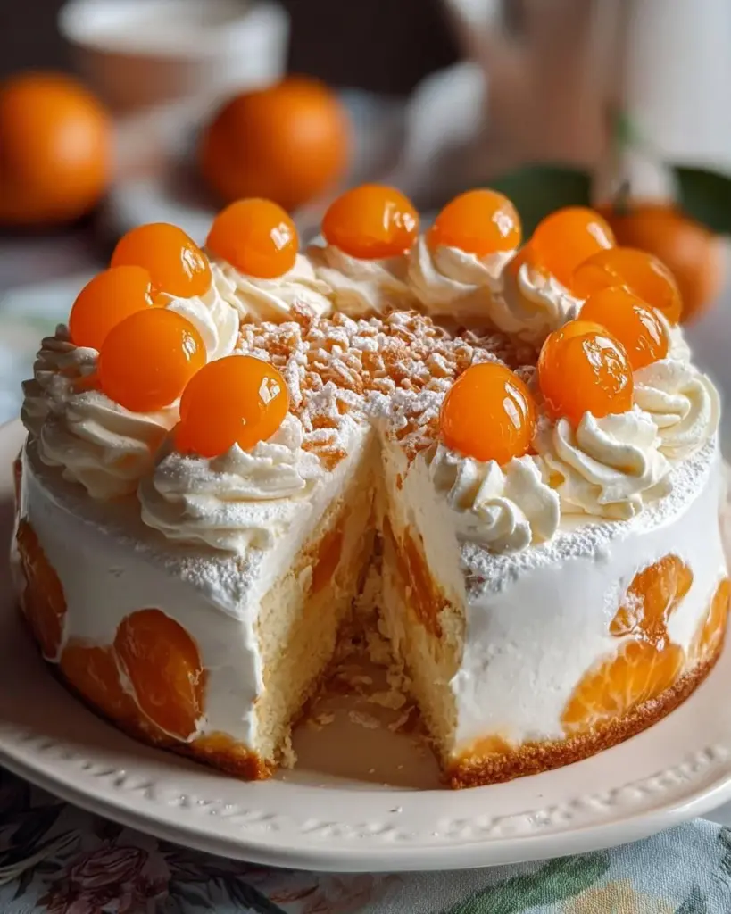 Fantakuchen mit Paradiescreme und Mandarinen auf einem Teller serviert