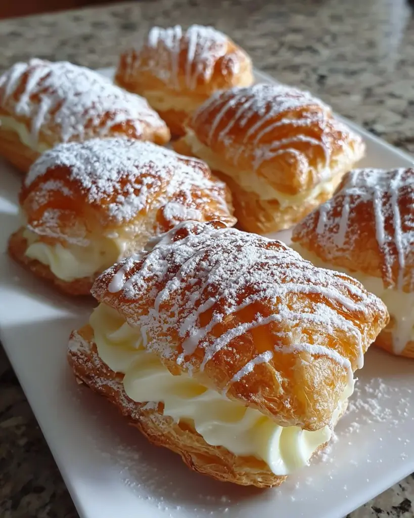 Leckere Frischkäse-Puffs auf einem Teller angerichtet.