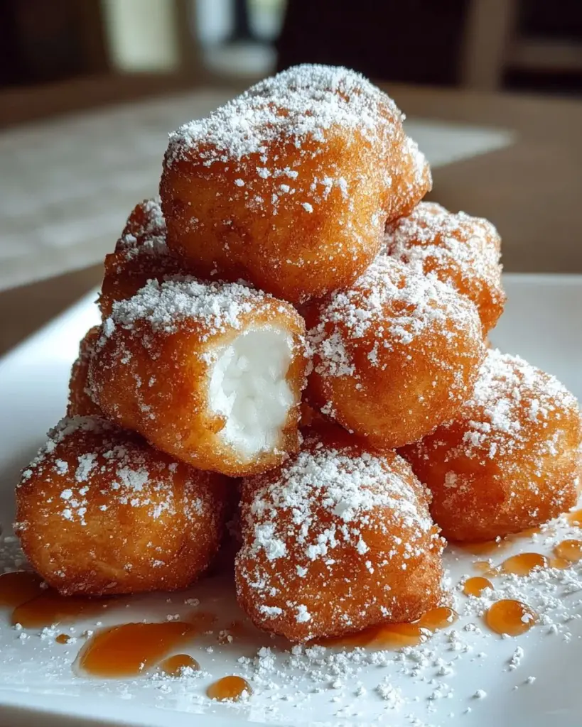 Frittierte Marshmallows auf einem Teller, goldbraun und knusprig.