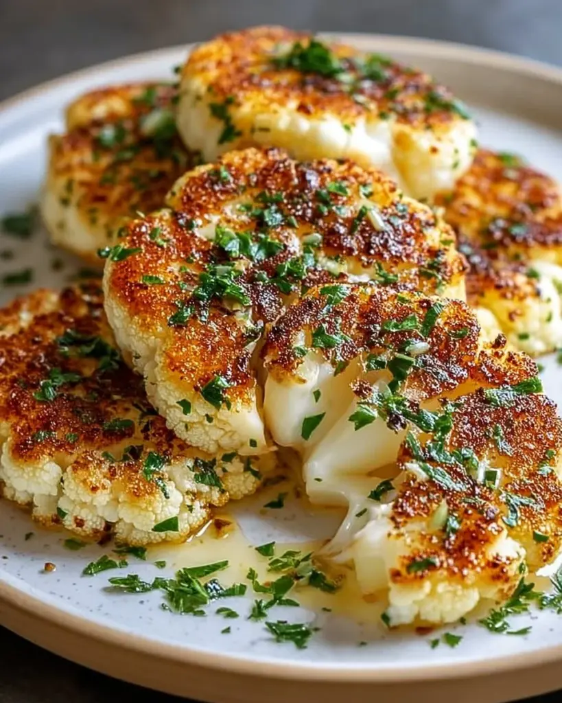 Gebackene Mozzarella-Blumenkohlsteaks auf einem Teller serviert