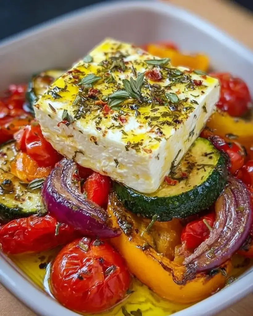 Gebackener Feta auf einem Bett aus mediterranem Gemüse, Low Carb Gericht