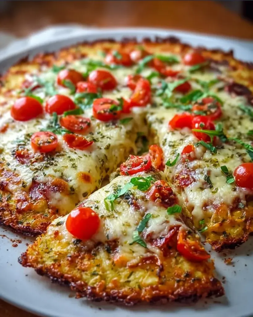 Gesunde Low Carb Schüttelpizza mit frischen Zutaten auf einem Teller