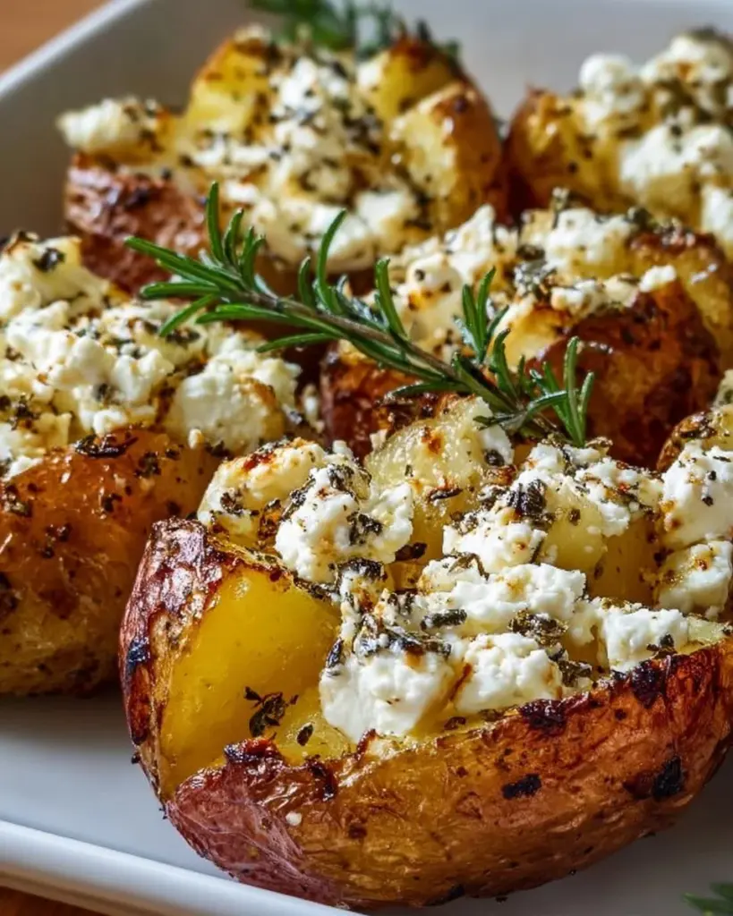 Gesunde Ofenkartoffeln mit Feta auf einem Teller angerichtet