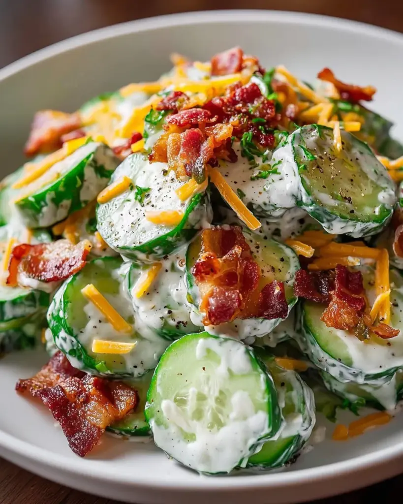 Gurkensalat mit Speck und Käse, appetitliches Rezept mit frischen Zutaten
