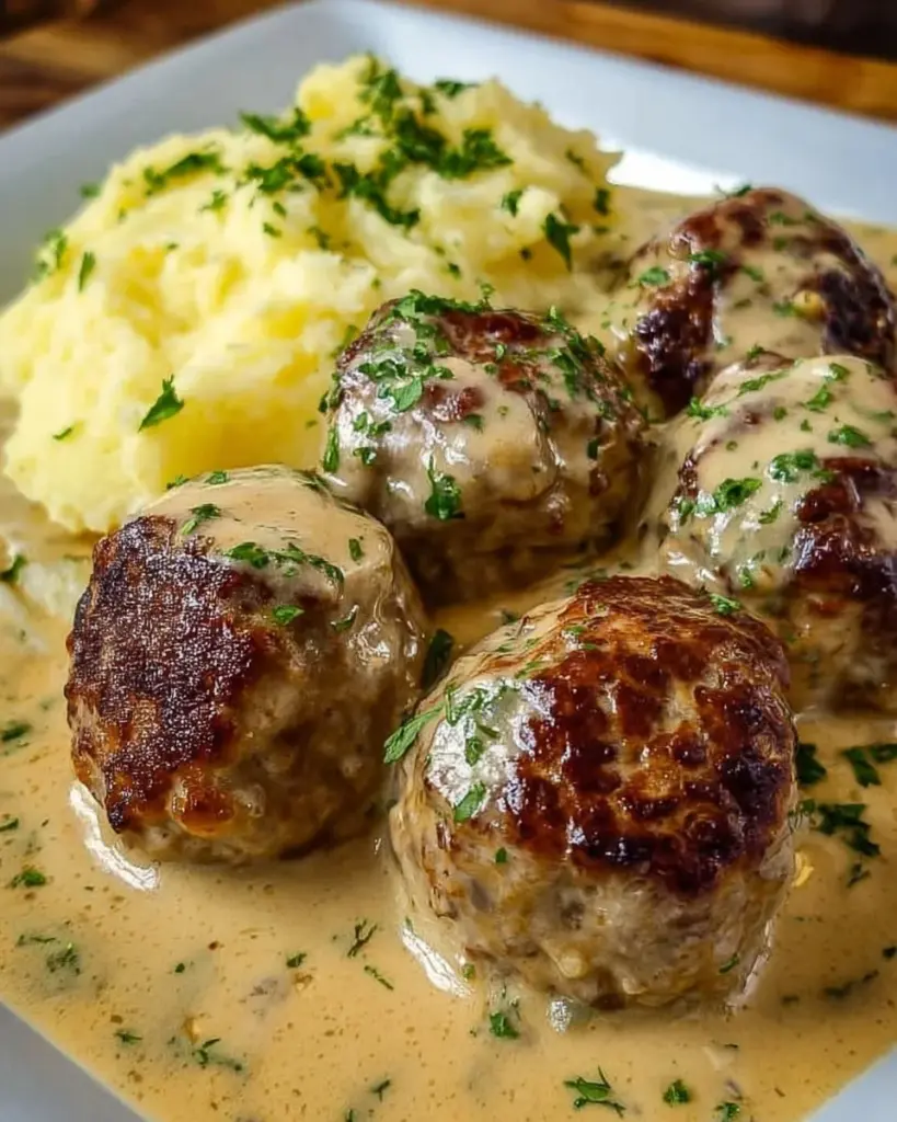 Hackbällchen in cremiger Sauce mit Kartoffelpüree auf einem Teller serviert