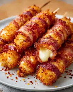 Knusprige Speck-Käse-Sticks serviert auf einem Teller