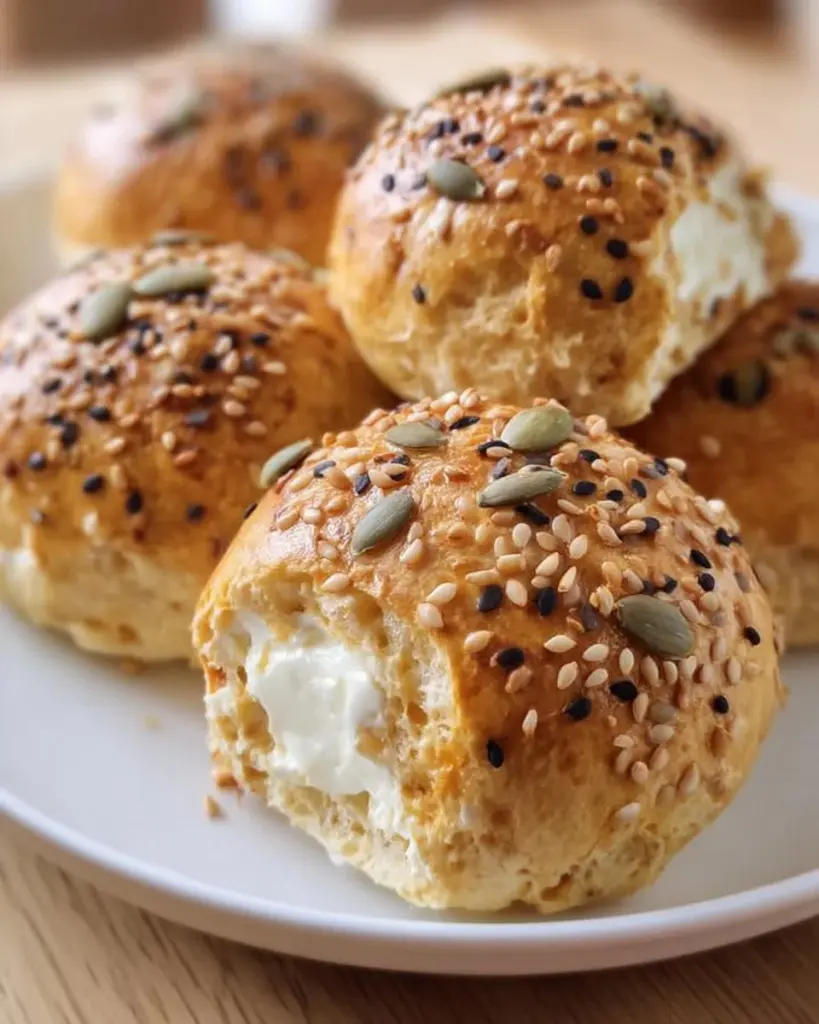 Low Carb Brötchen mit Quark auf einem Holzbrett, frisch gebacken.