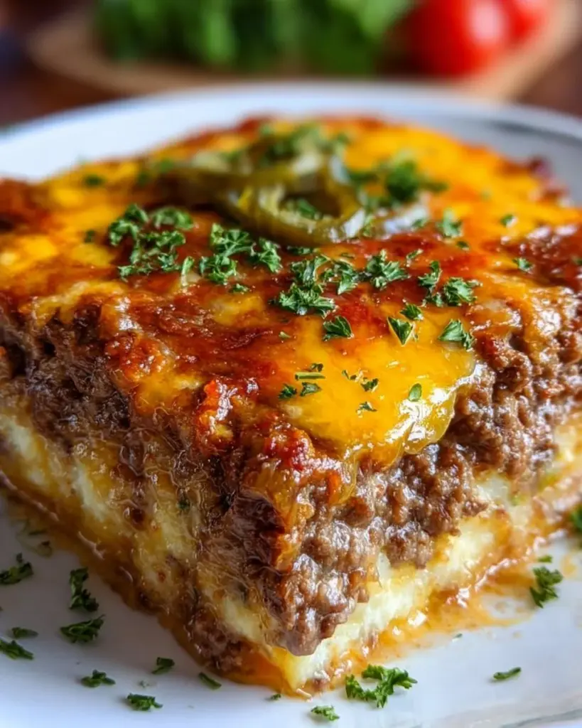 Low Carb Cheeseburger Casserole in einer Auflaufform, bereit zum Servieren.