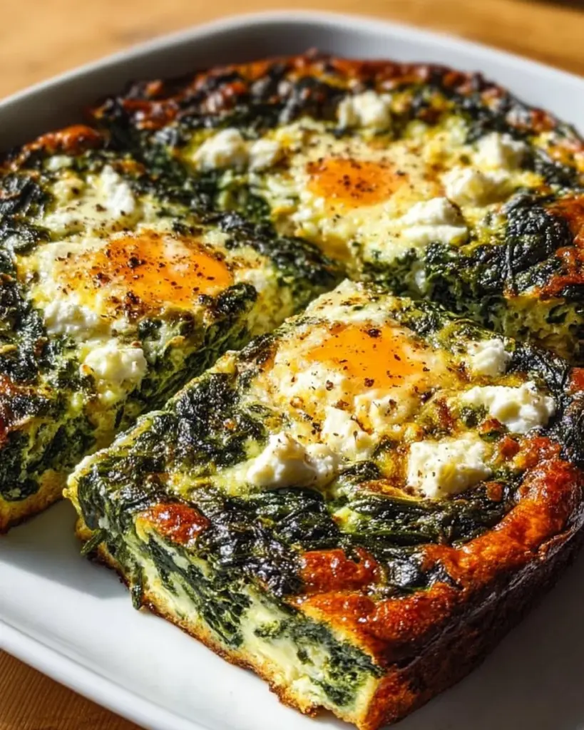 Leckere Low Carb Spinatsoufflé mit Feta und Ei auf einem Teller serviert.