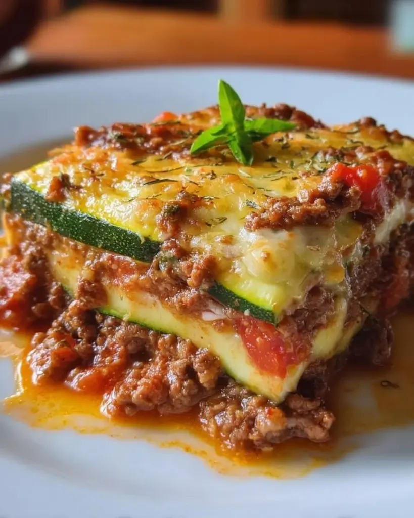 Köstliche Low Carb Zucchini-Lasagne auf einem Teller serviert