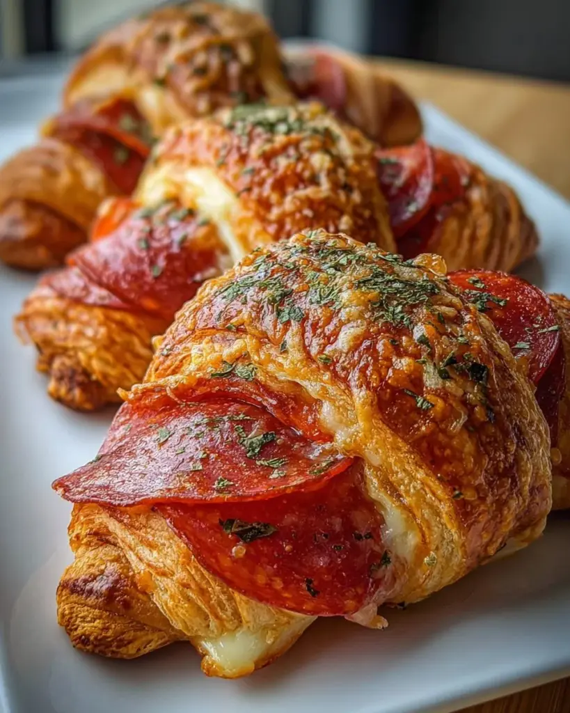 Mozzarella-Peperoni-Croissant-Rollen frisch gebacken auf einem Holzbrett